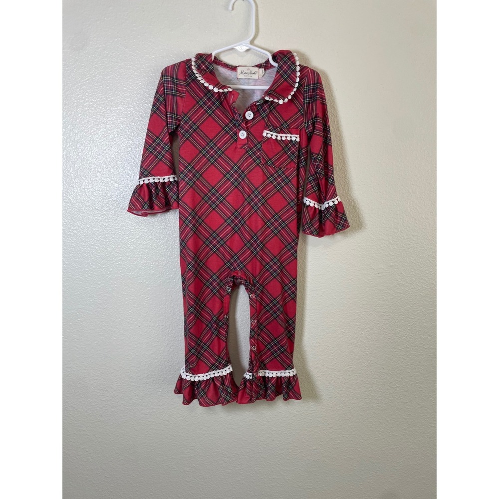Marie Nicole Plaid‎ Romper Kids 18-24M Red Excellent Pom Pom Ruffle Bell Sleeve